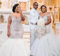 Luxury Crystal Mermaid Arabic Bridal Wedding Dresses 2022 Vintage Off the Shoulder African Bride Gowns Vestidos De Mariee