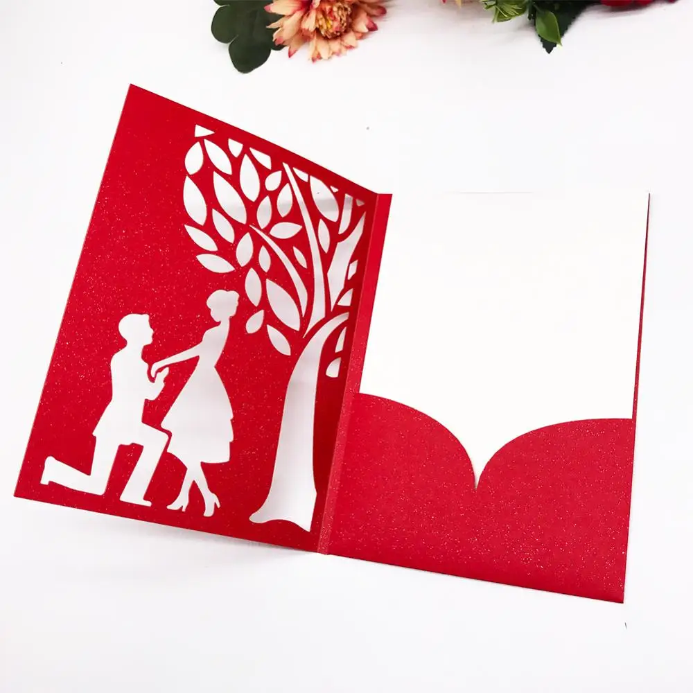 12 шт. романтическое Дерево пара свадебные приглашения лазерная резка роскошный нежный дизайн жемчужная бумага карман поздравительная открытка