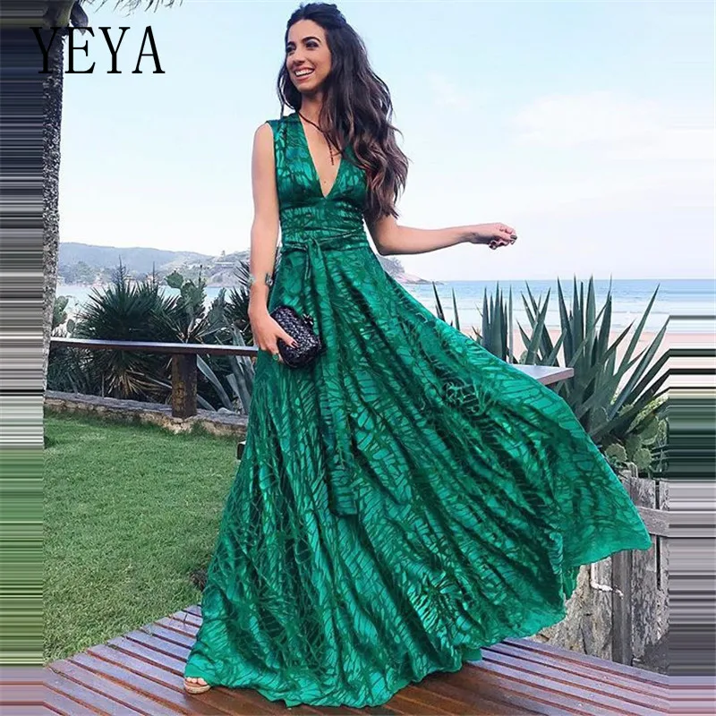 

YEYA Women Formal Gown Wedding Party Prom Long Dress Sexy Hollow Out V Neck Sleeveless Maxi Loose Elegant Green Dresses Vestidos