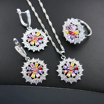 

GZJY 925 Silver Flower Cubic Zirconia Wedding Rings Drop Earrings Necklace Pendant Jewelry Sets for Women Wedding Bridal Party