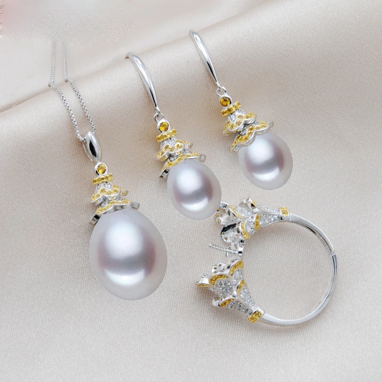 

MeiBaPJ Real 925 Sterling Silver Christmas Tree Jewelry Set Natural Rice Pearl Pendant Ring Earrings Wedding Jewelry for Women