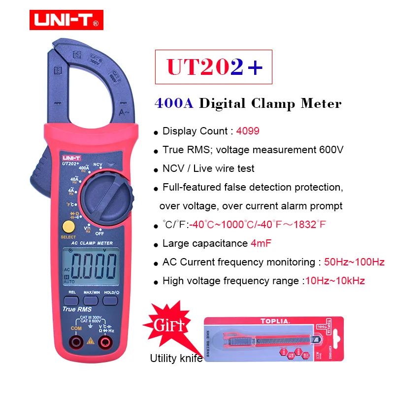 UT202 Plus UNI-T цифровой клещи True RMS UT201+ UT202+ UT202A+ AC DC 400-600A клещи мультиметр автоматический диапазон защита от ложного обнаружения - Цвет: UT202 Plus