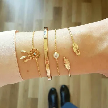 

4Pcs/Set Classic Gold Color Bracelets Sets Dreamcatcher Leaves Feather Crystal Fashion Open Bracelet&Bangles Jewelry Wholesale