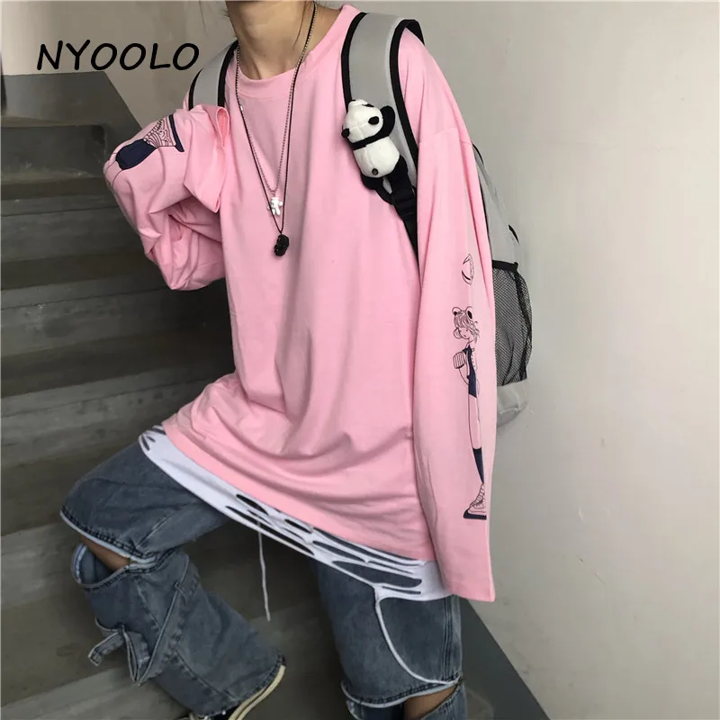 NYOOLO Harajuku стиль мультфильм девушка Солнце Луна рукав печати розовый Топы осень уличная одежда с длинным рукавом o-образным вырезом Футболка женская ткань