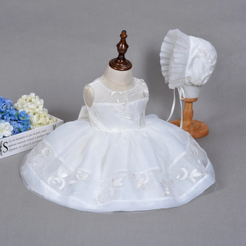 

Baptism Dress Set Newborn Baby Girl Baptismal Outfits with Bonnet White Lace Satin Children Clothes Formal Christening Dress