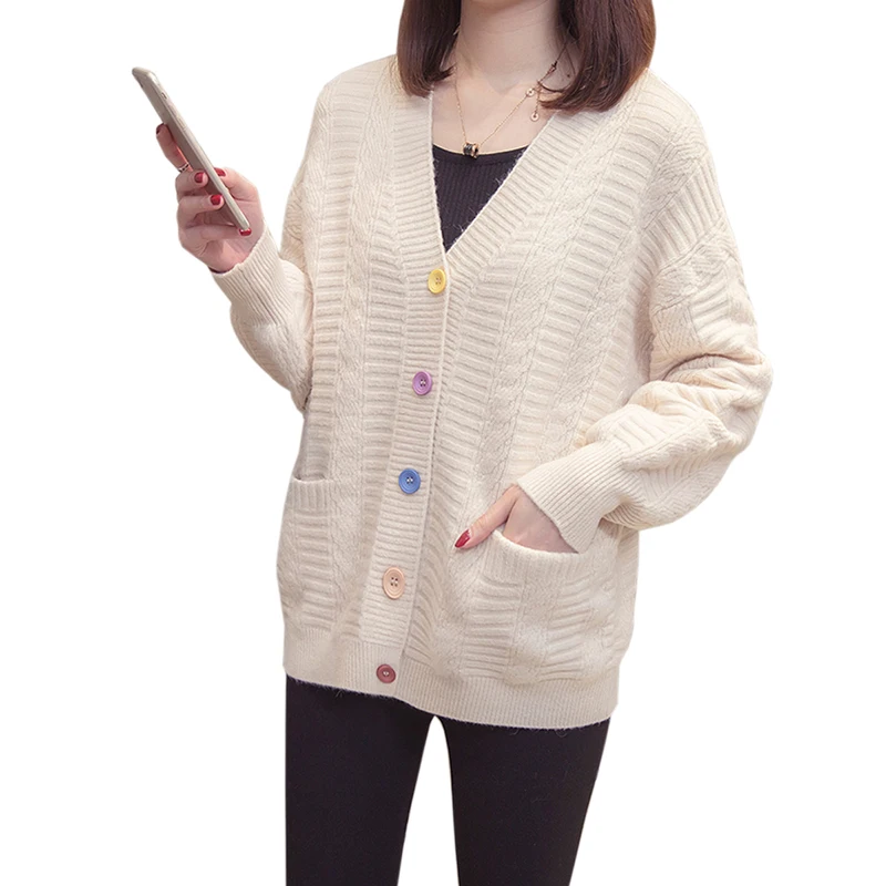 Best Price Fashion V-Neck Women Spring new Casual Knitted Cardigans Solid color Loose Long Sleeve Elegant Sweater Coats Female