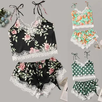 

Hot pyjamas women 3PC Women Satin Lace Silk Camisole Shorts Thong Set Printing Pajamas Lingerie sexy Nightwear Pijama Mujer