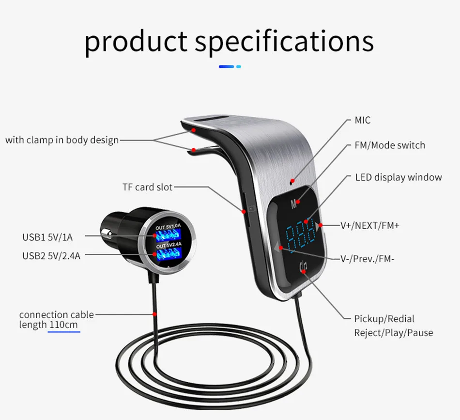 Fm-передатчик Bluetooth автомобильный беспроводной радио адаптер AUX MP3 плеер fm-модулятор с громкой связью двойной USB быстрое зарядное устройство