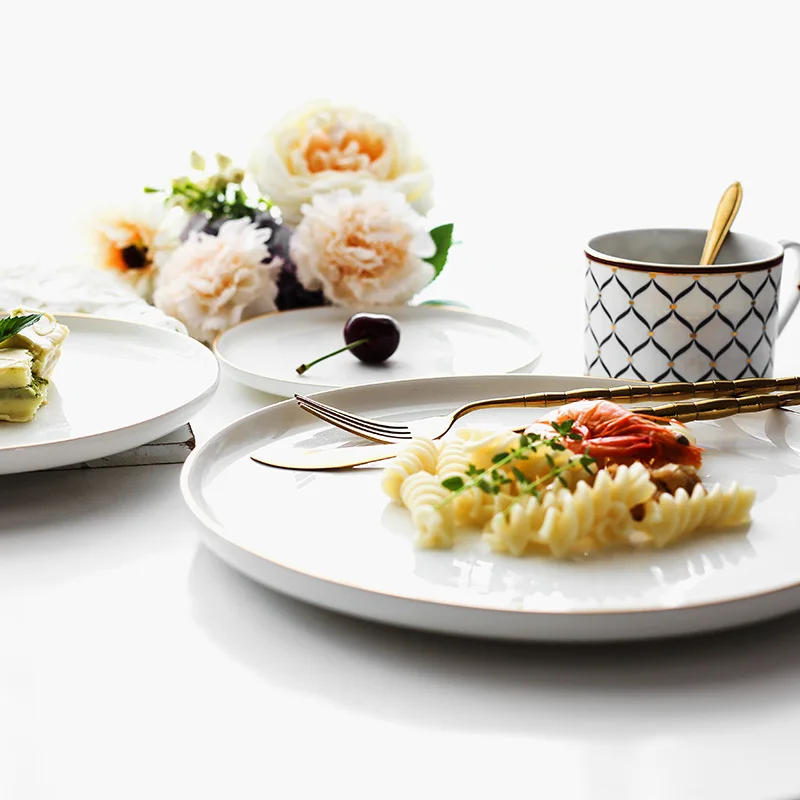 Brief Noridc Round Ceramic Plate Solid Gold Edge Porcelain Glaze Dinner Plate Western Steak Cake Dessert Tray Snack Dishes