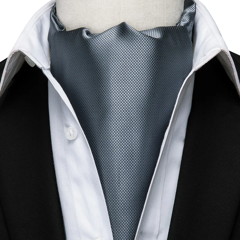 Hi-Tie Silk Men's Ascot Tie Pocket Square Cufflinks Set Cravat Ascots Scrunch Self British Style Gentleman Dress Scarves Party