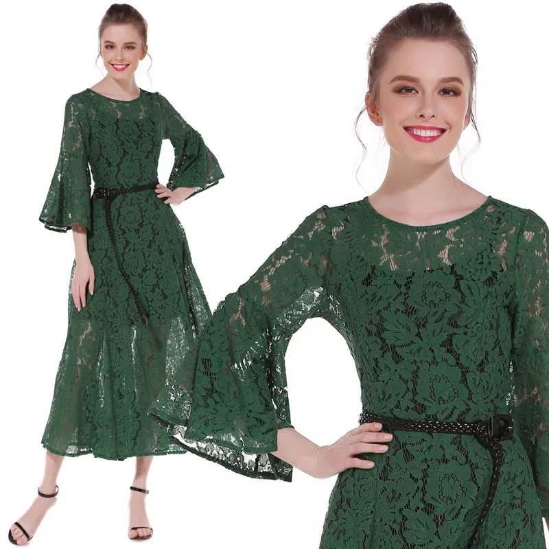

7325 # Lace Dress Spring And Summer 2017 New Style Crew Neck High-waisted Bell Sleeve Retro Elegant Hollow out Long Skirts