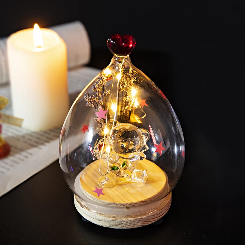 H& D хрустальное сердце фигурка медведь светодиодный медный провод стеклянный купол лампа домашний декор ночной Светильник уникальный подарок на день рождения Рождество