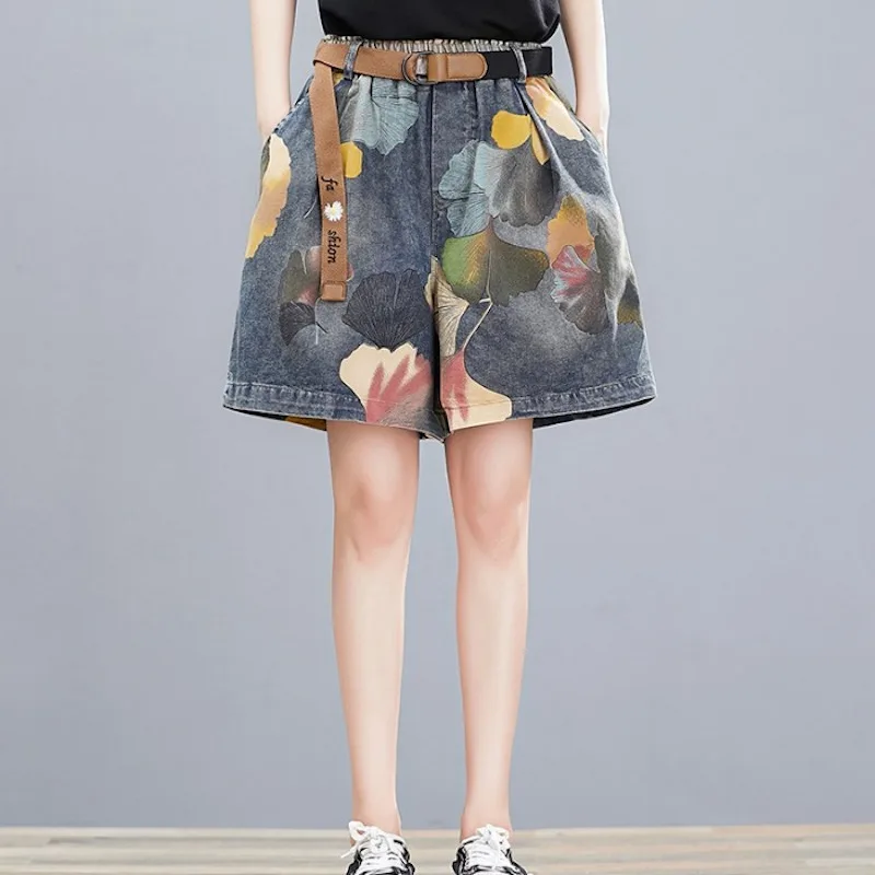 Women Oversize Denim Short Floral Print Vintage Wide Leg Jean Shorts Office Lady Casual Trendy Streetwear Elastic Waist Shorts