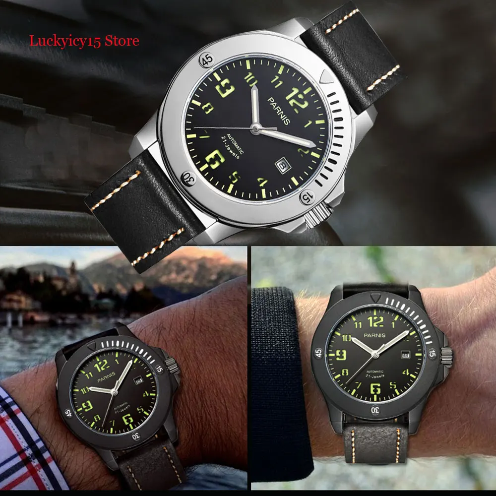 

PARNIS Luxury 43mm Automatic Men Watch Special Design Date Window Sapphire Glass SS Watch Case Leather Strap