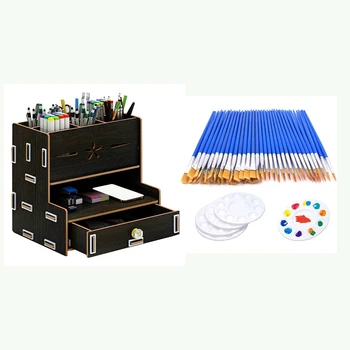 

1pcs Pen Container Creative and Fashionable Storage Box & 60Pcs Flat Paint Pallet Brush with 5 PCS Paint Tray Palettes