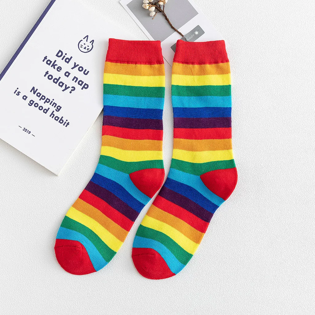 Women's Rainbow Striped Pile Of Socks In The Tube Casual Cotton Socks Girl Fashion Elasticity Candy Color Fashion NEW