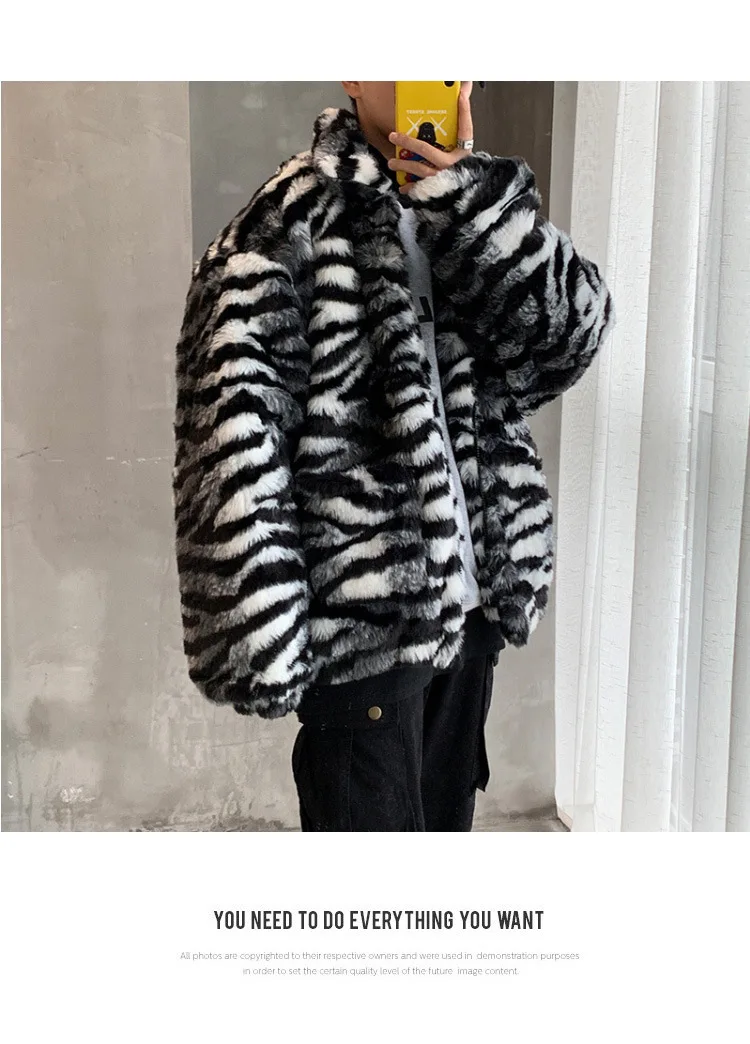Winter Men Trend Animal Fur Tiger Pattern Fur Clothing Cotton-padded Clothes Thick Quilted Warm Leopord Pattern Coat