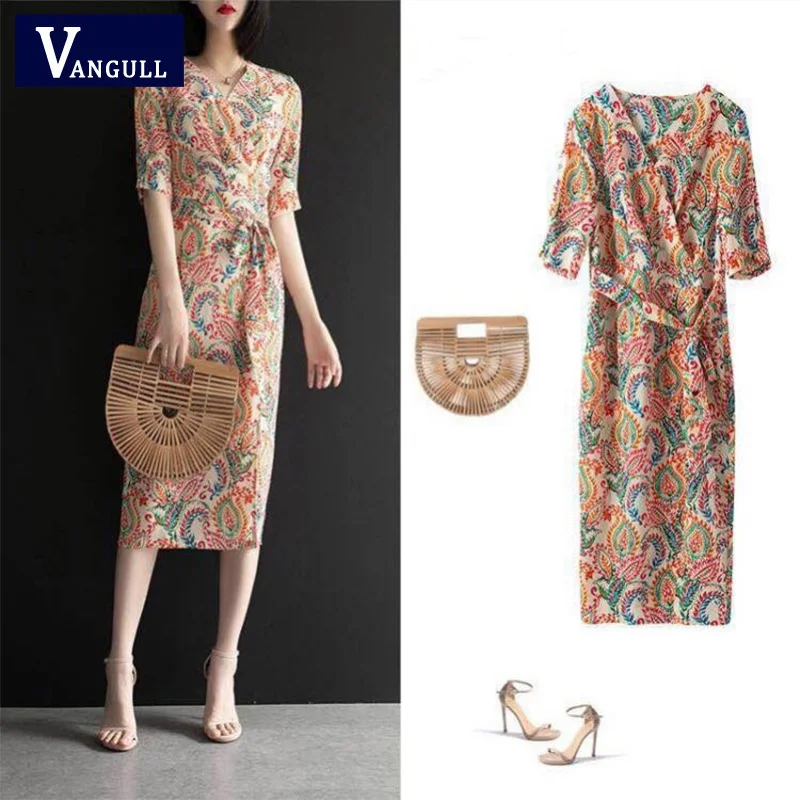 

Vangull Plus Size 5XL V Neck Bodycon Elegant Paisley Dress Sashes Bow High Waist Midi Dress Women Long Sheath Dress Fashion 2019