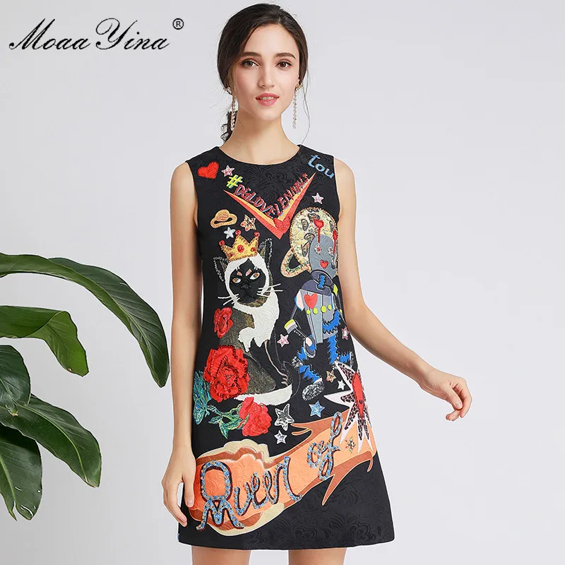 

MoaaYina Summer Fashion Short black Dress Women's Sleeveless Cartoon Print Jacquard Beading Elegant Runway Dresses