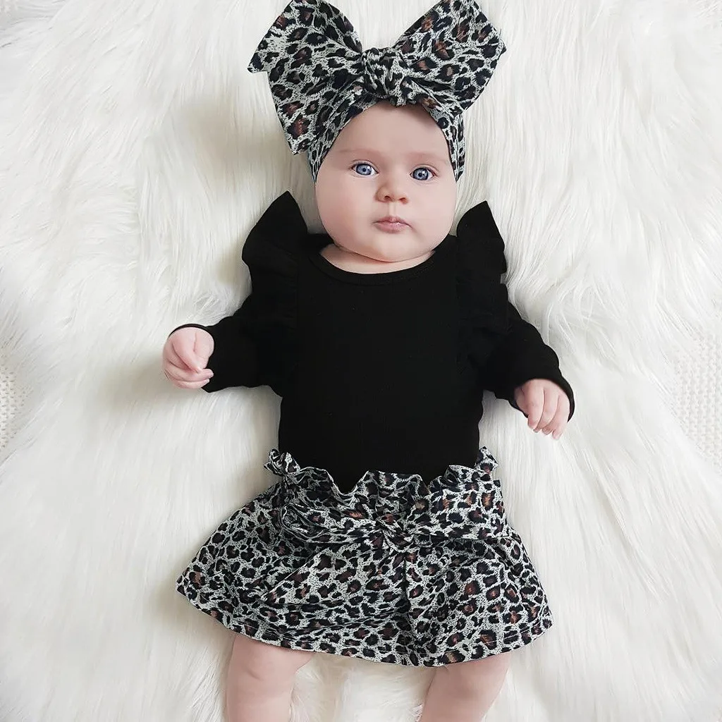 Newborn Baby Girl Clothes Set Bodysuits Tops+Leopard Skirt+Bow Headband New Born Baby Girl Outfit Cotton Toddler Kids Clothing