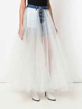 

Runway Women Long Maxi Skirt Jeans Tutu Tulle Splice Pleated Mesh Ball Gown Skirt Fashion Designer Luxury Ladies Denim Skirt