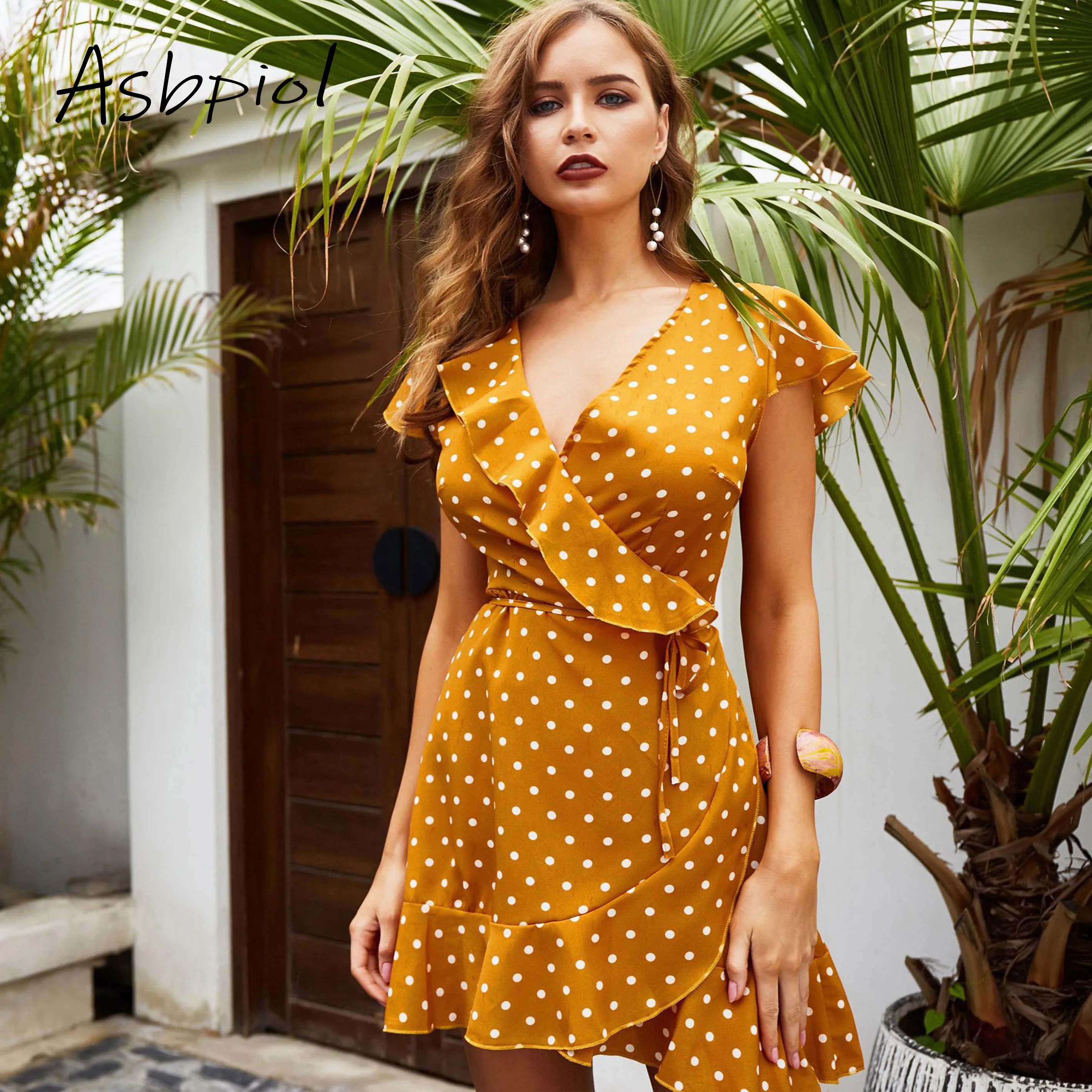 

Spot Pattern Ruffled V-Neck Sexy Dress Short Sleeve Polka Dot Short Party Dress Elegant Mini Party Casual A Line Dress