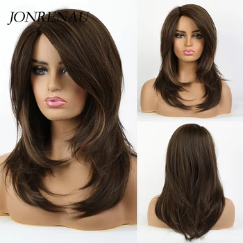 

JONRENAU Heat Resistant Long Natural Wave Hair Synthetic Brown Hair Wigs with Bangs for White/Black Women