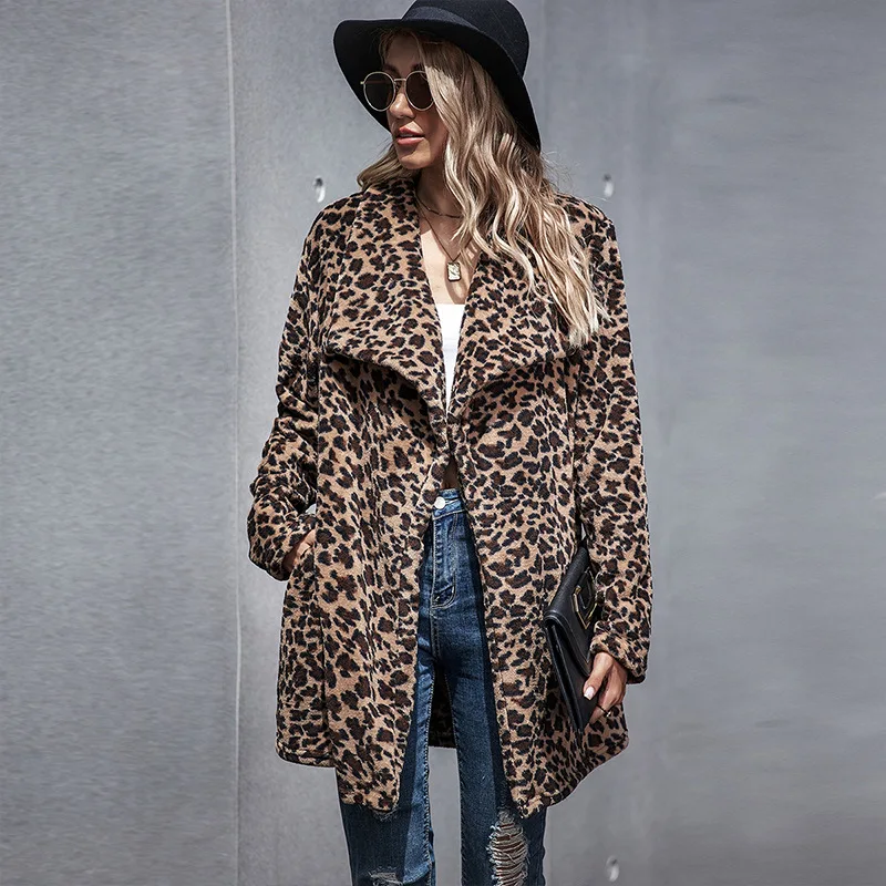 

Leopard Faux Fur Jacket Women 2020 New Autumn Winter Warm Soft Fur Coat Female Plush Overcoat Casual Medium Long Jacket