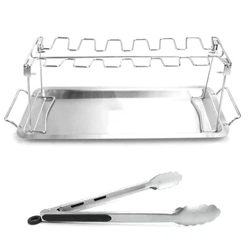 

Grill Rack 14 Slots Stainless Steel Roaster Stand BBQ Chicken Drumsticks Rack with Drip Tray and Barbecue Tongs
