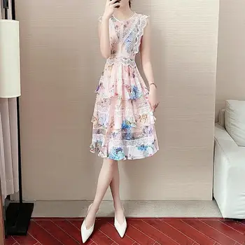 

2020 Summer New Arrival A389 Women Dress Chinese Style Ink Print Sleeveless Dress Lace Patchwork Cake-Dress Show Thin
