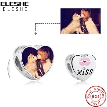 

ELESHE 100% 925 Sterling Silver Kiss Love Heart Charm Beads Fit Original Bracelets Women Personalized Custom Photo DIY Jewelry