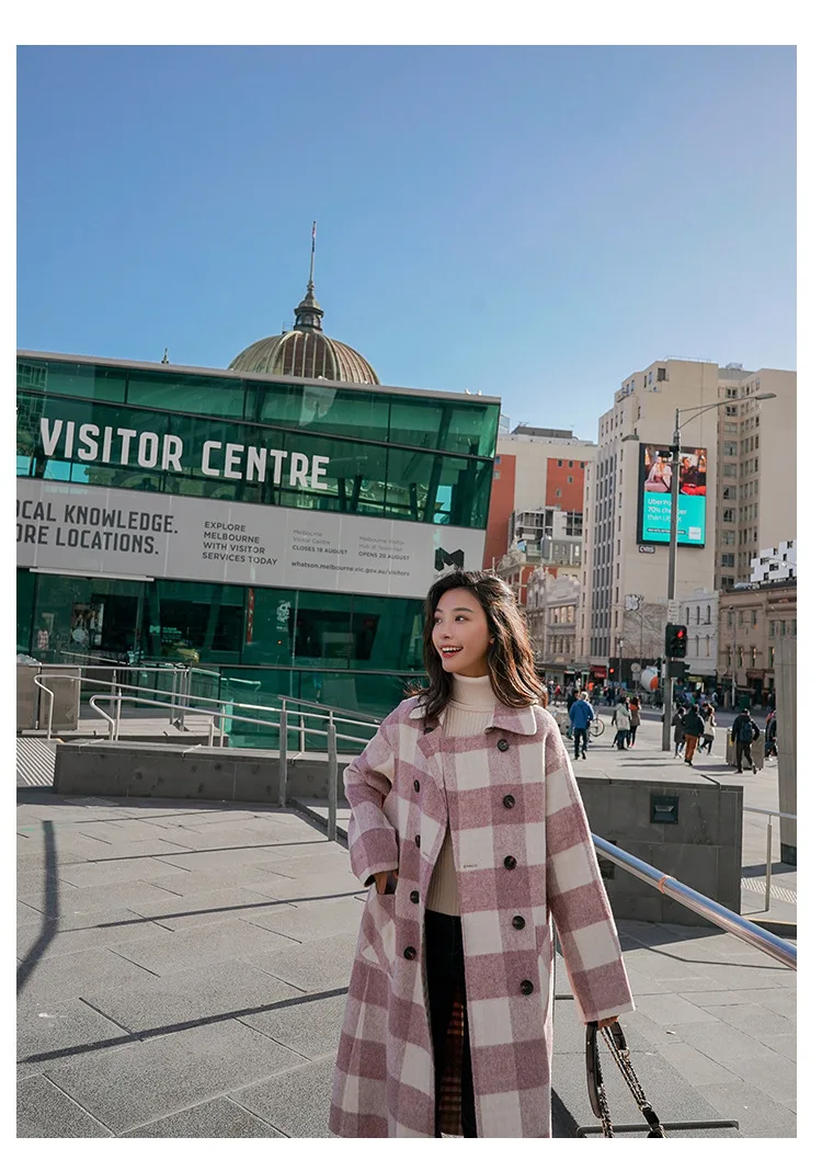 Шерстяное пальто в клетку для фотосессии, женское осеннее и зимнее,, стиль, средней длины, свободное, для студентов, Хепберн, ветровка, шерстяное, Jac