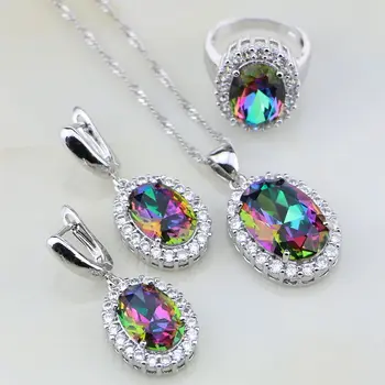 

Round Shaped Mystic Rainbow Fire White Stones 925 Sterling Silver Jewelry Sets For Women Wedding Necklace/Earrings/Pendant/Ring