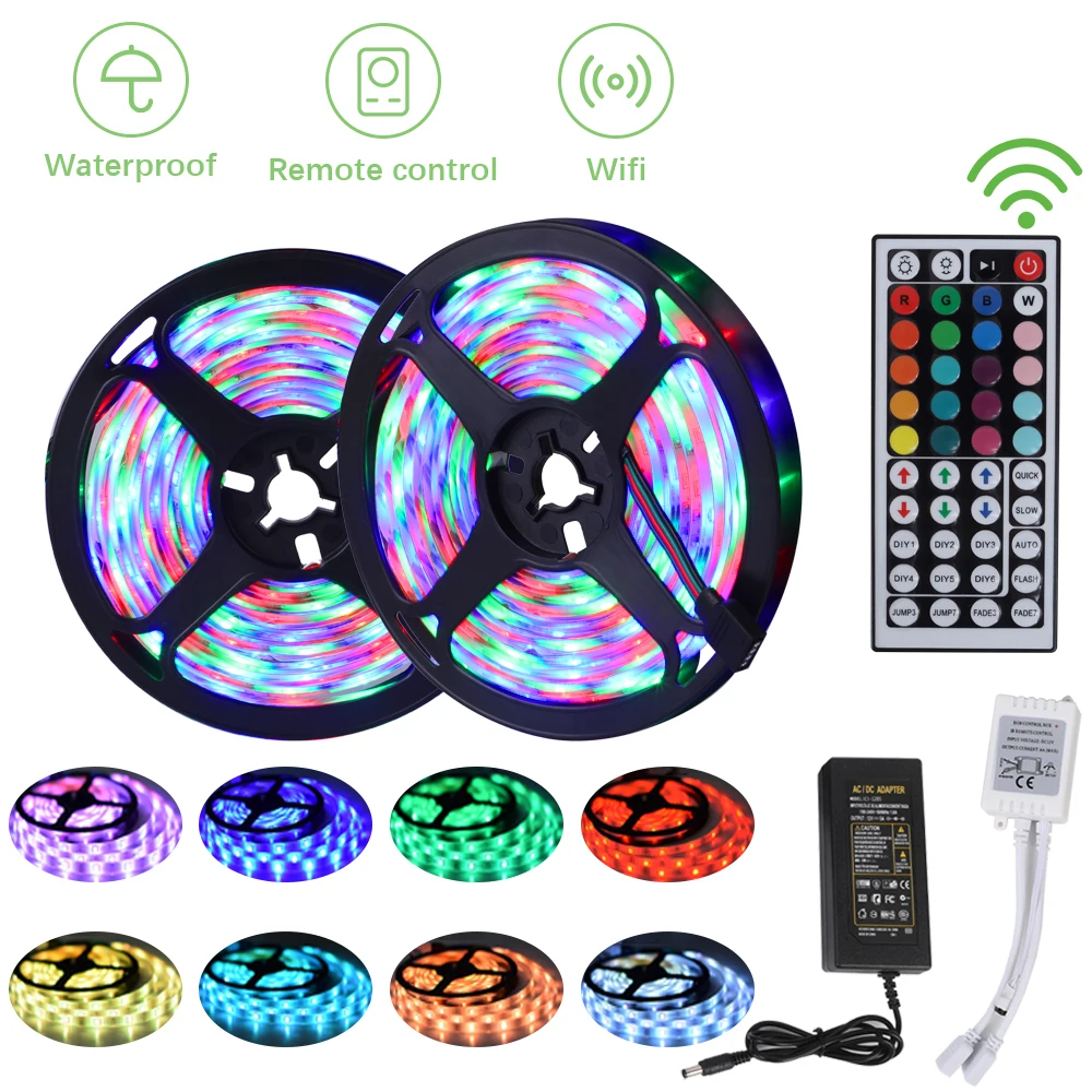 

5m 10m 15m WiFi LED Strip Light RGB Waterproof SMD 5050 2835 DC12V RGB String Diode Flexible Ribbon WiFi Contoller+Adapter Plug