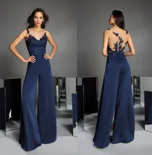 Navy Blue Jumpsuits Mother of the Bride Pants Suit 2021 V Neck Lace Wedding Guest Dress Mothers of the Groom Gowns Outfit