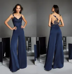 Navy Blue Jumpsuits Mother of the Bride Pants Suit 2021 V Neck Lace Wedding Guest Dress Mothers of the Groom Gowns Outfit