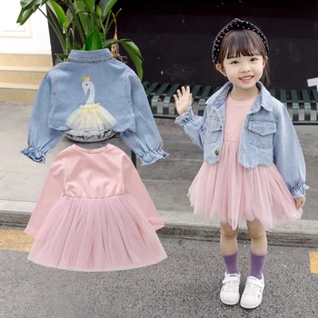 

Spring Fashion Children Clothing Sets Girls Denim Jackets+ Long Sleeve Patchwork Mesh Dress 2pcs Suits Baby Girls Clothes Sets