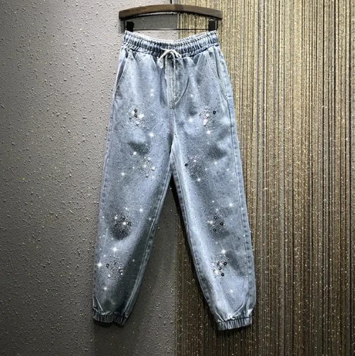 

European Style Loose Jeans Woman 2020 Spring New Elastic-Waist Loose-Fit Sequined Beaded Letter Denim Harem Pants Jeansy Damskie