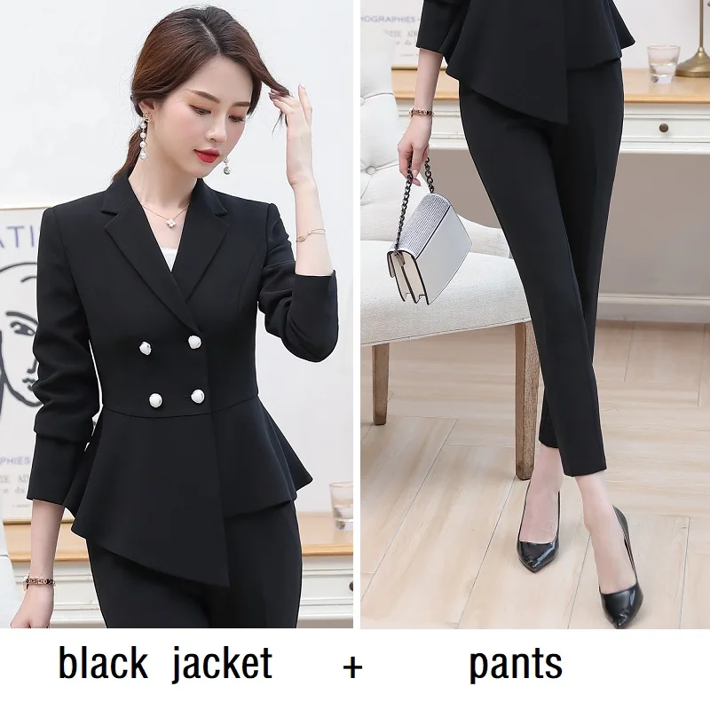 black jacket pants Женские костюмы тонкая Осенняя однотонная куртка и штаны комплект из 2 предметов OL формальные деловые женские брючные костюмы женский комплект костюмы 331 - Цвет: black jacket pants