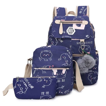 

NEW-Usb Charging Canvas Backpack 3 Pcs/Set Women School Backpacks Schoolbag for Teenagers Man Student Book Bag Boys Satchel Purp