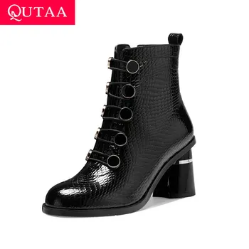 

QUTAA 2021 Square Heel Ankle Boots Autumn Winter Zipper Lace Up Women Shoes Lace Up Casual Round Toe Ladies Pumps Size 34-42