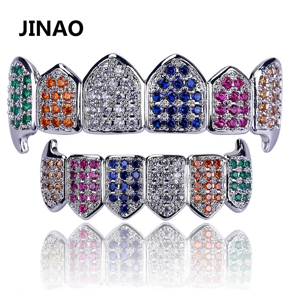 JINAO хип хоп ЗУБЫ Grillz GOLD Цвет и серебряным покрытием микро проложить Радуга CZ