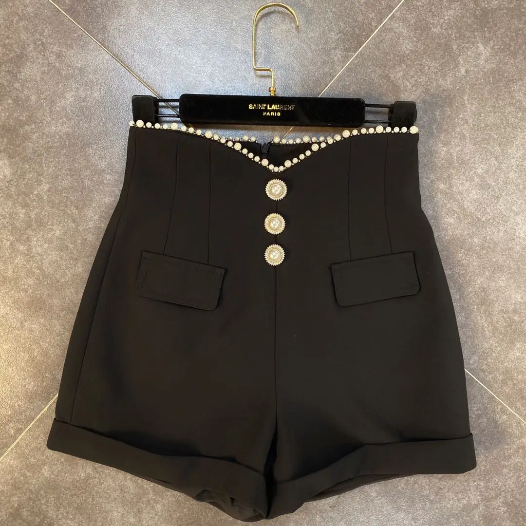 Spring Autumn Fashion Casual Black White Beaded High Waist Shorts Women Elegant Office Ladies Cotton Short Pants Female Bottoms