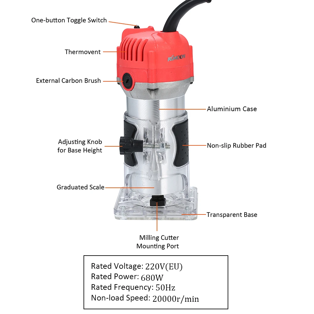 Realmote 220V 680W Electric Trimmer Handheld Laminate Edge Collet Wood Router Woodworking Milling Engraving Slotting Machine