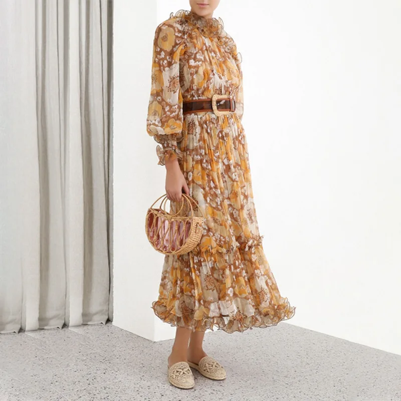 Super Eight Ruffled Midi Dress Women Blouson Raglan Sleeves Fitted Shirred Waistband Cuffs Vintage Spring Autumn Dropshipping | Женская