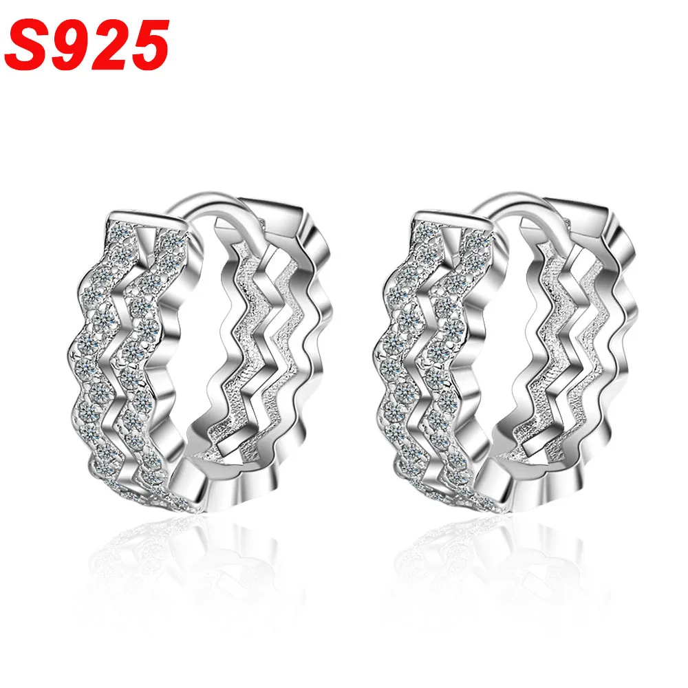 

Hip Hop Bling 925 Sterling Silver Micro Pave CZ Wave Earrings Layered Irregular Small Gold Thick Hoop Huggies Ear Rings SE046