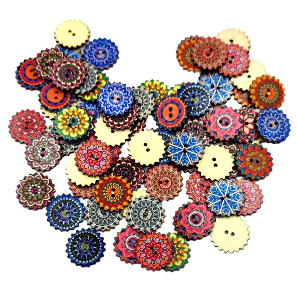 100Pieces Vintage Gear Shaped Wooden Buttons Round 2-Holed Fastener Buttons for
