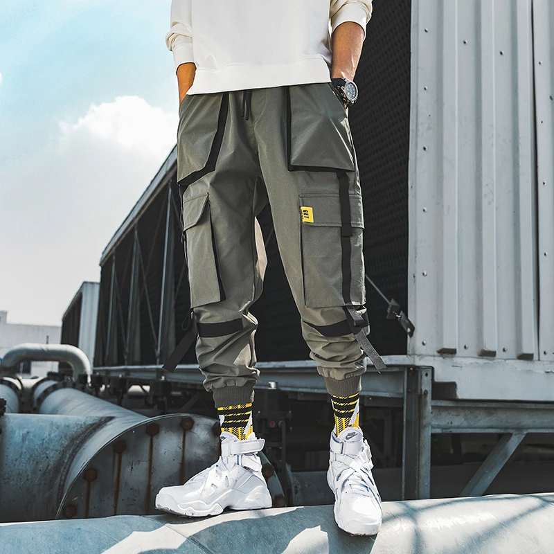 

Men's Cuffed Joggers Army Green Cargo Pant Trousers Hip Hip Streetwear Patchwork Pocket Elastic Waist Pants For Male