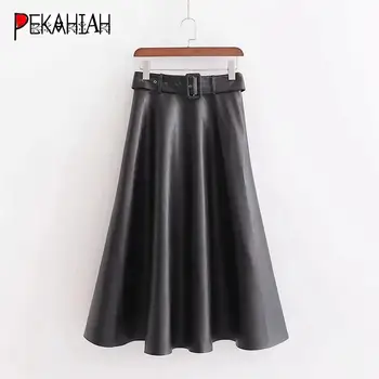 

Vintage belt PU leather skirt Womens black long Skirt Streetwear Casual belt Office High Waist Pleated skirt 2020