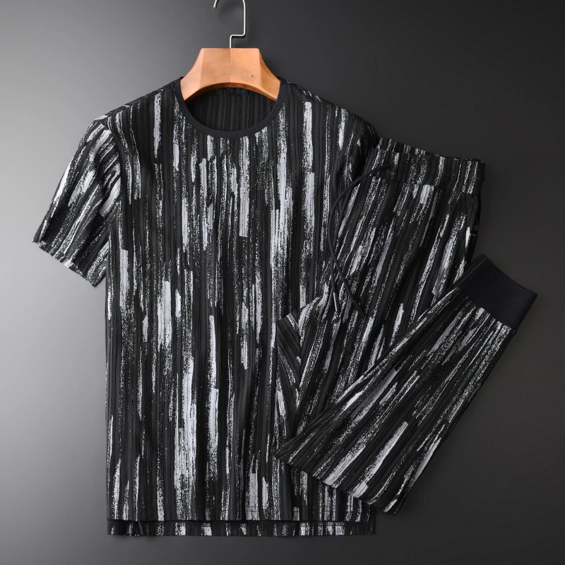 Minglu Social Man наборы(T-SHIRTS+ брюки) роскошные летние мужские комплекты с круглым воротником и коротким рукавом размера плюс 4XL брюки с эластичным поясом